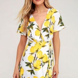 White and Yellow Lemon Print Wrap Dress